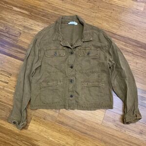 C&C California Linen Lyocell Utility Jacket Women's M Brown‎ Button Down Crop